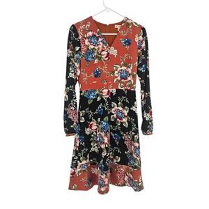 Brooks Brothers Red Fleece Dress Orange Black Floral Long Sleeve Midi Size 0